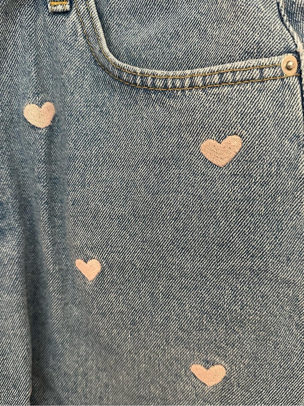 Francesca's Collections Light Blue Denim Shorts with Pink Heart Details - Picture 2 of 5